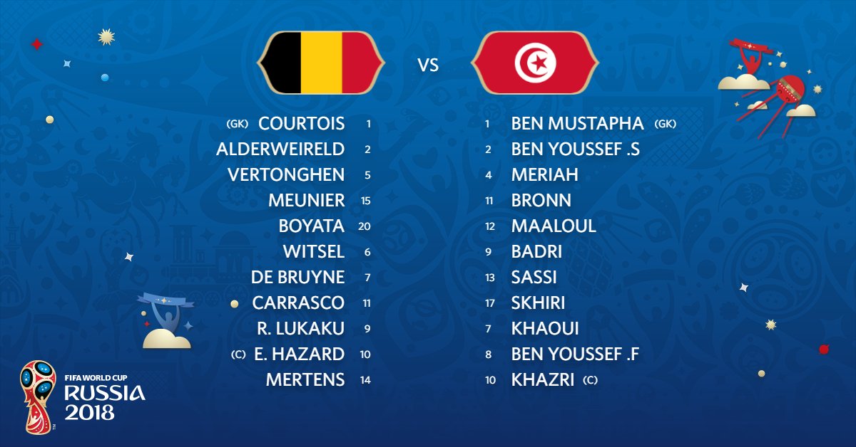 ترکیب رسمی - بلژیک - تونس - جام جهانی 2018