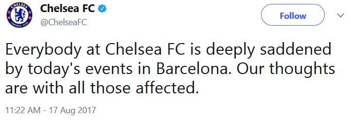 پیام توئیتری باشگاه چلسی در خصوص حمله تروریستی به بارسلون