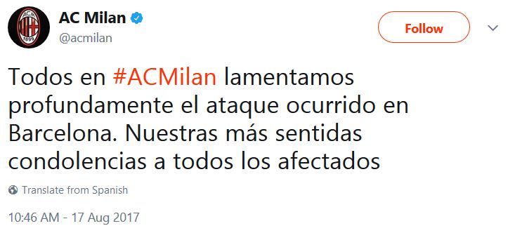 پیام توئیتری باشگاه میلان در خصوص حمله تروریستی بارسلون