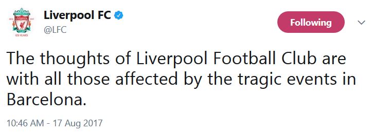 پیام توئیتری باشگاه لیورپول در خصوص حمله تروریستی بارسلون