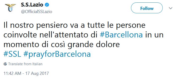 پیام توئیتری باشگاه لاتزیو در خصوص حمله تروریستی بارسلون