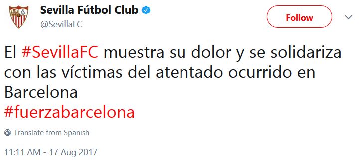 پیام توئیتری باشگاه سویا در خصوص حمله تروریستی بارسلون