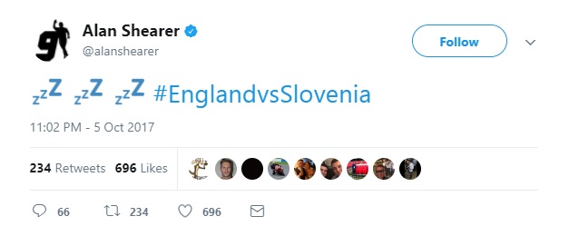 واکنش توئیتری آلن شیرر به بازی اسلوونی و انگلیس