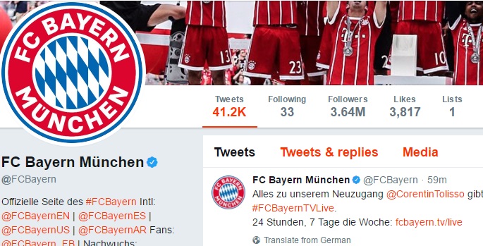 حساب رسمی باشگاه بایرن مونیخ در توئیتر