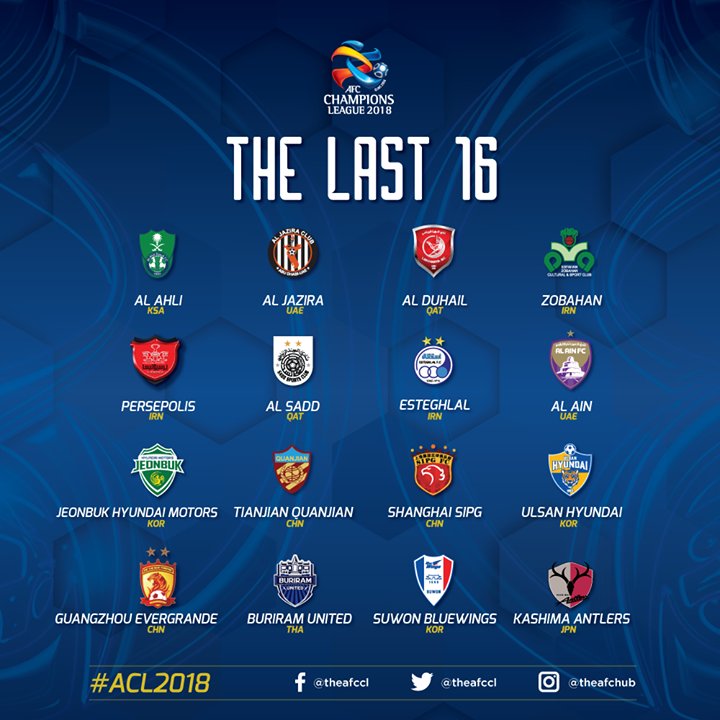 16 تیم صعود کندنده به مرحله یک هشتم نهایی لیگ قهرمانان آسیا