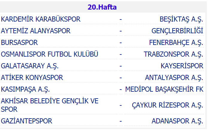بازی های هفته بیستم سوپرلیگ ترکیه