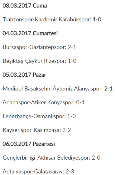 نتایج بازی های هفته بیست و سوم لیگ ترکیه
