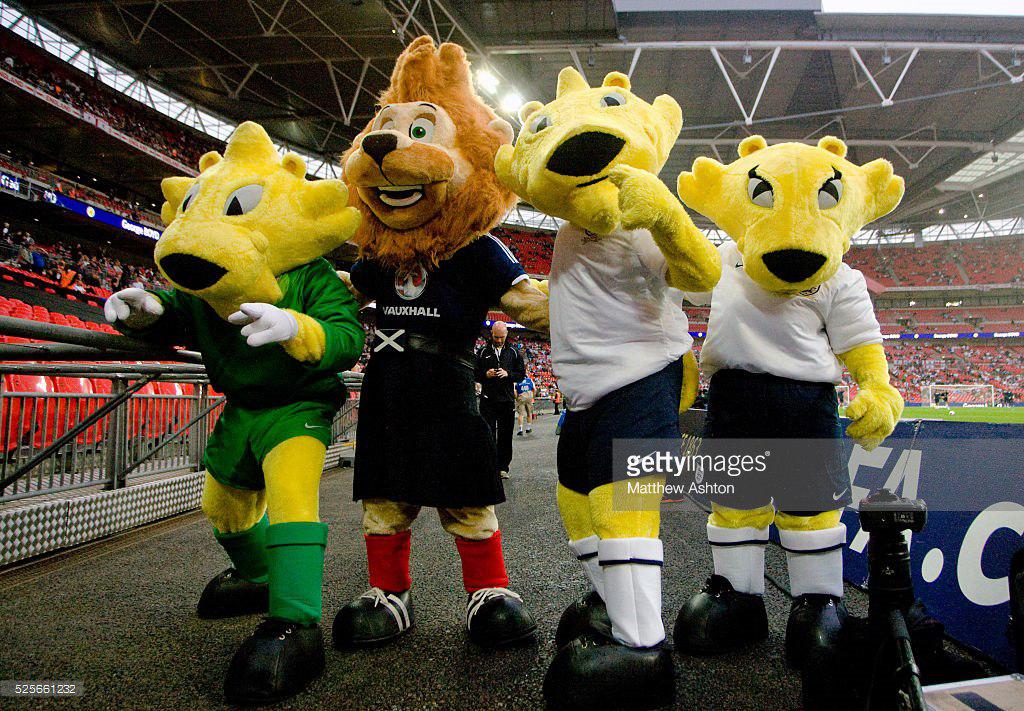 The England Three Lions mascots Pauz, Mayne and Roary with Scotland mascot Hampden Roary